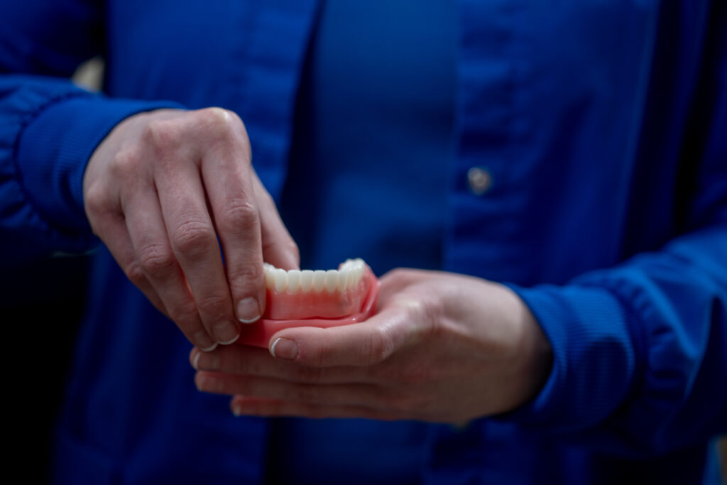 assistant showing a dental model of teeth